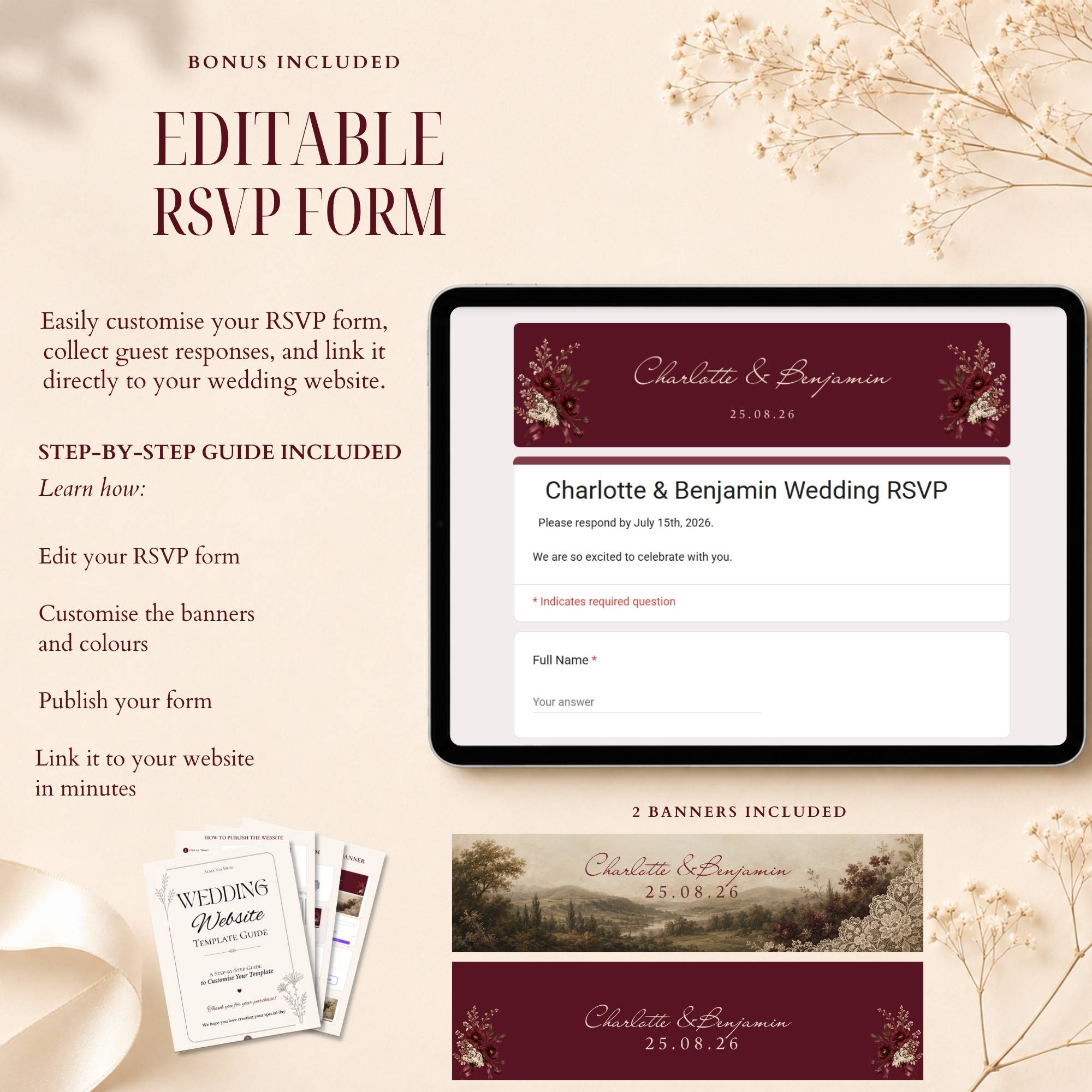 Interactive envelope opening page with burgundy lace wedding theme