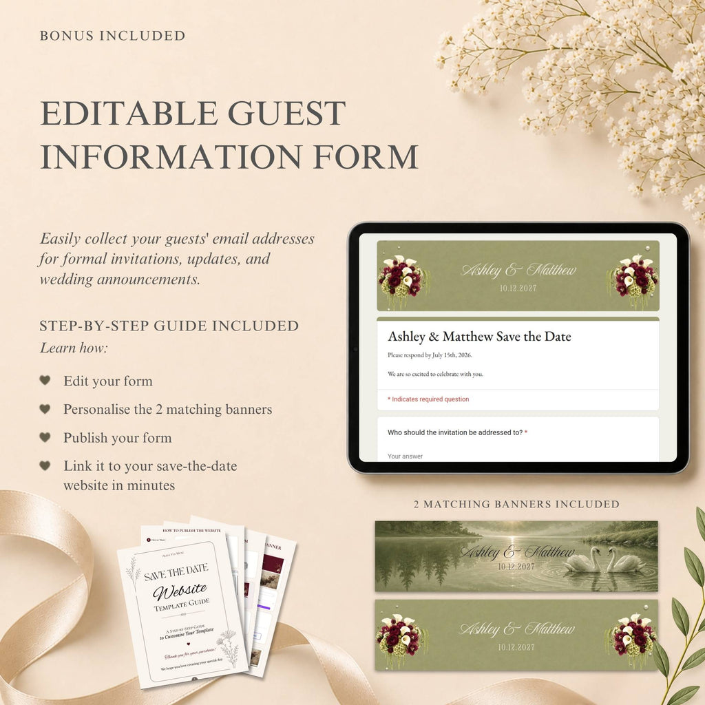 Mobile responsive sage green save the date wedding website with RSVP