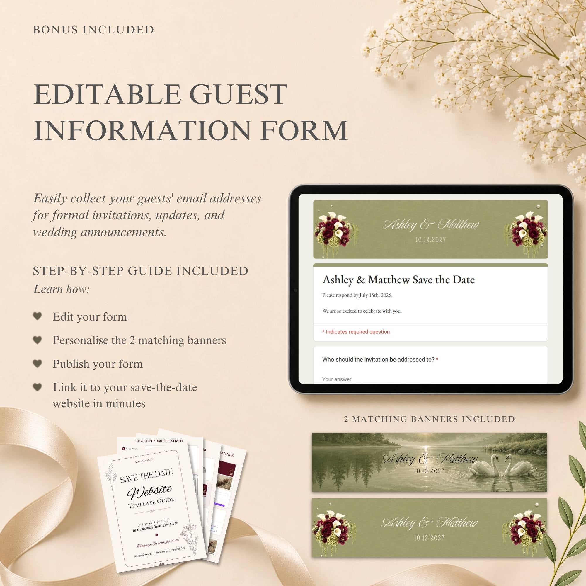 Mobile responsive sage green save the date wedding website with RSVP