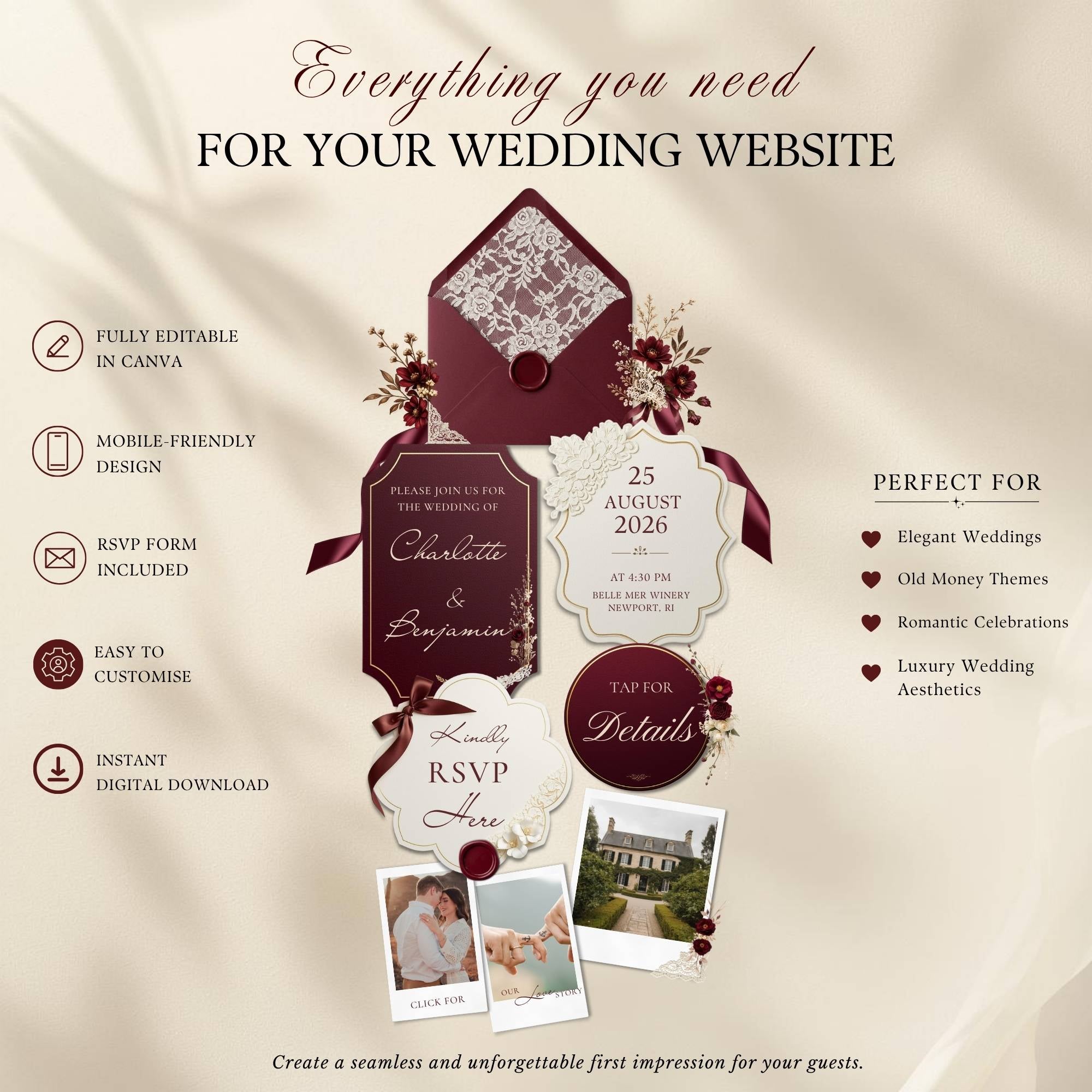 Editable RSVP page for vintage wedding website template