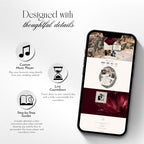 Burgundy Wedding Website template highlighting RSVP, music, registry, countdown and animated photo booth features.