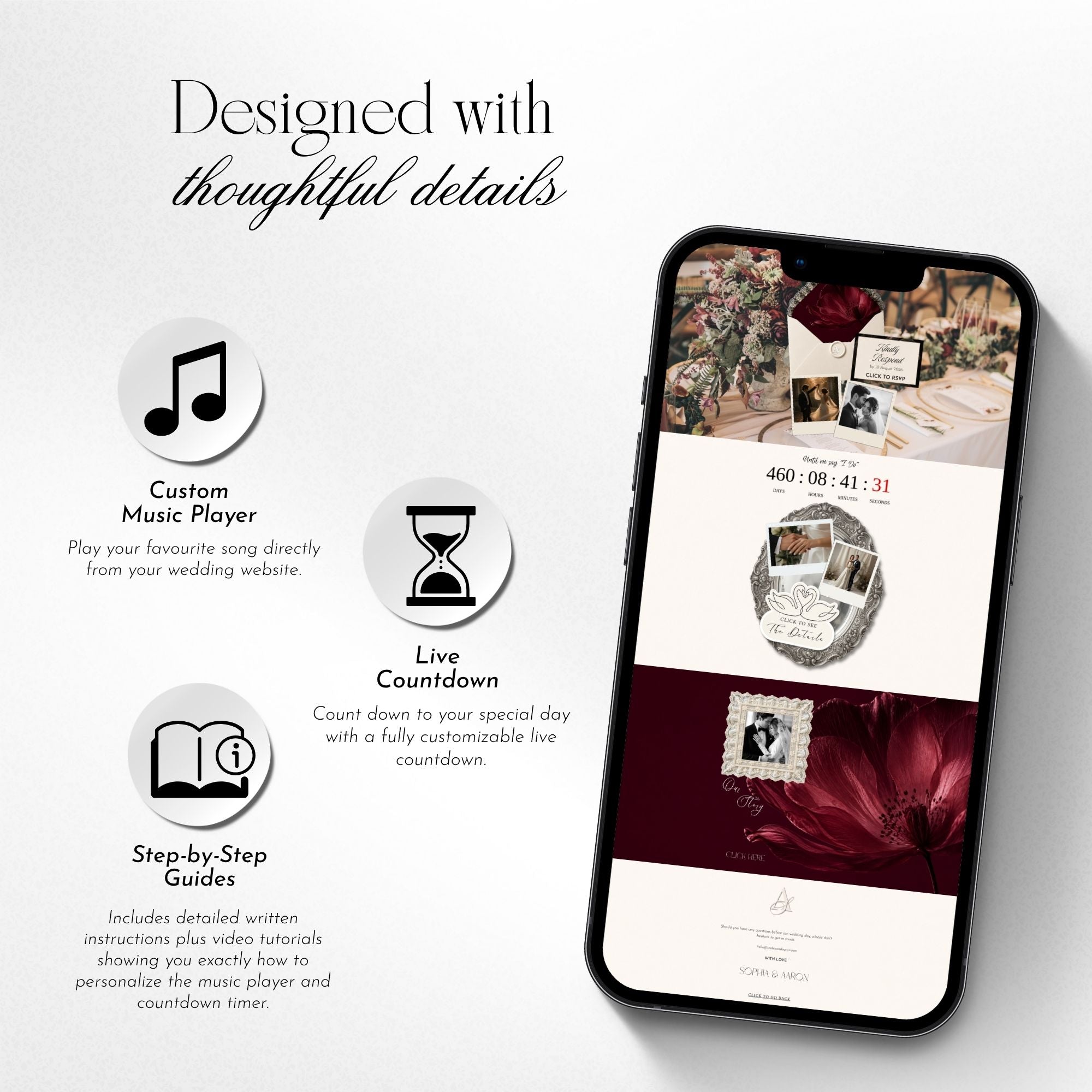 Burgundy Wedding Website template highlighting RSVP, music, registry, countdown and animated photo booth features.
