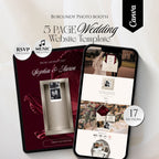 Burgundy Canva wedding website template featuring RSVP, countdown, music and an animated photo booth.