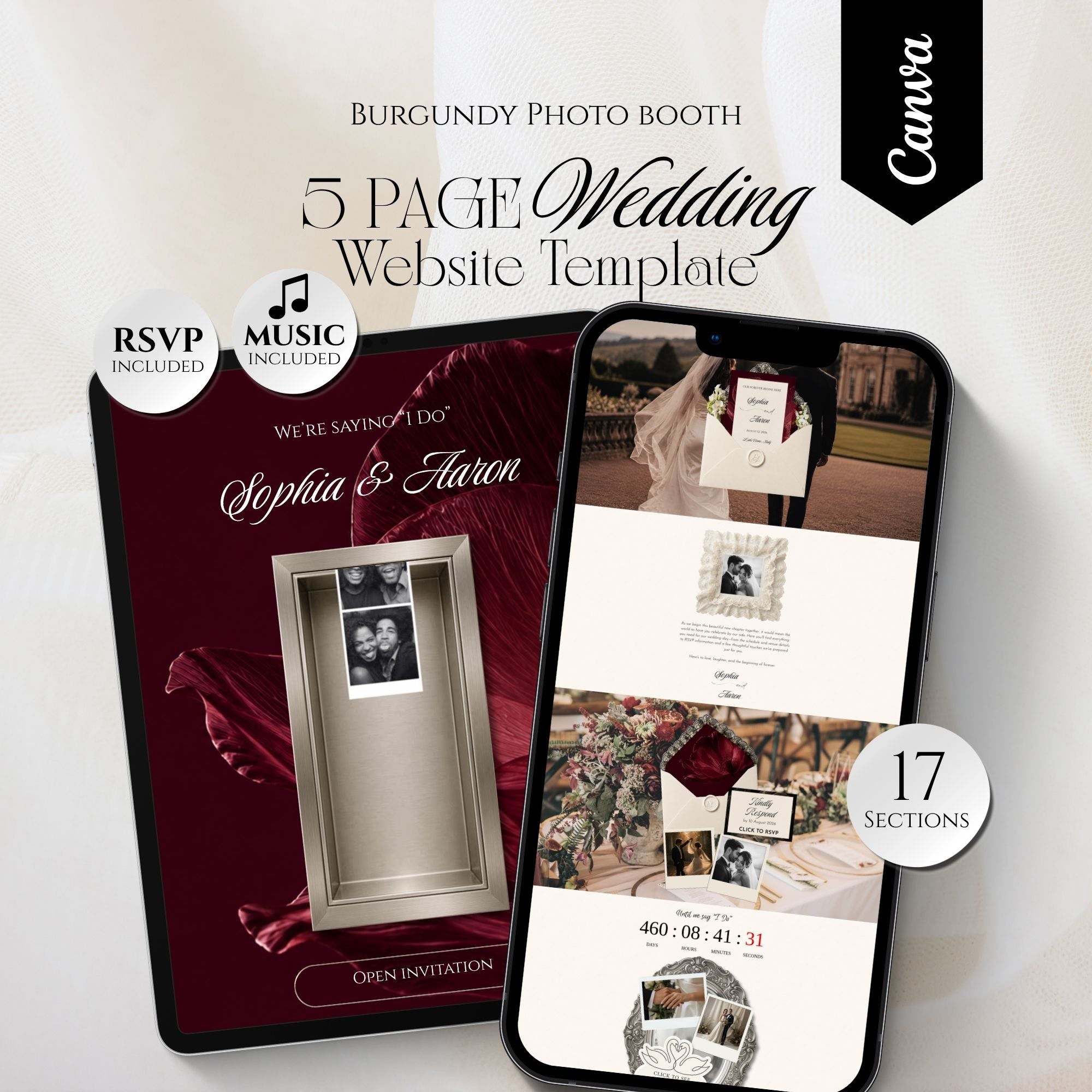 Burgundy Canva wedding website template featuring RSVP, countdown, music and an animated photo booth.