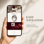 Mobile preview showing the editable Burgundy Wedding Website pages and navigation.