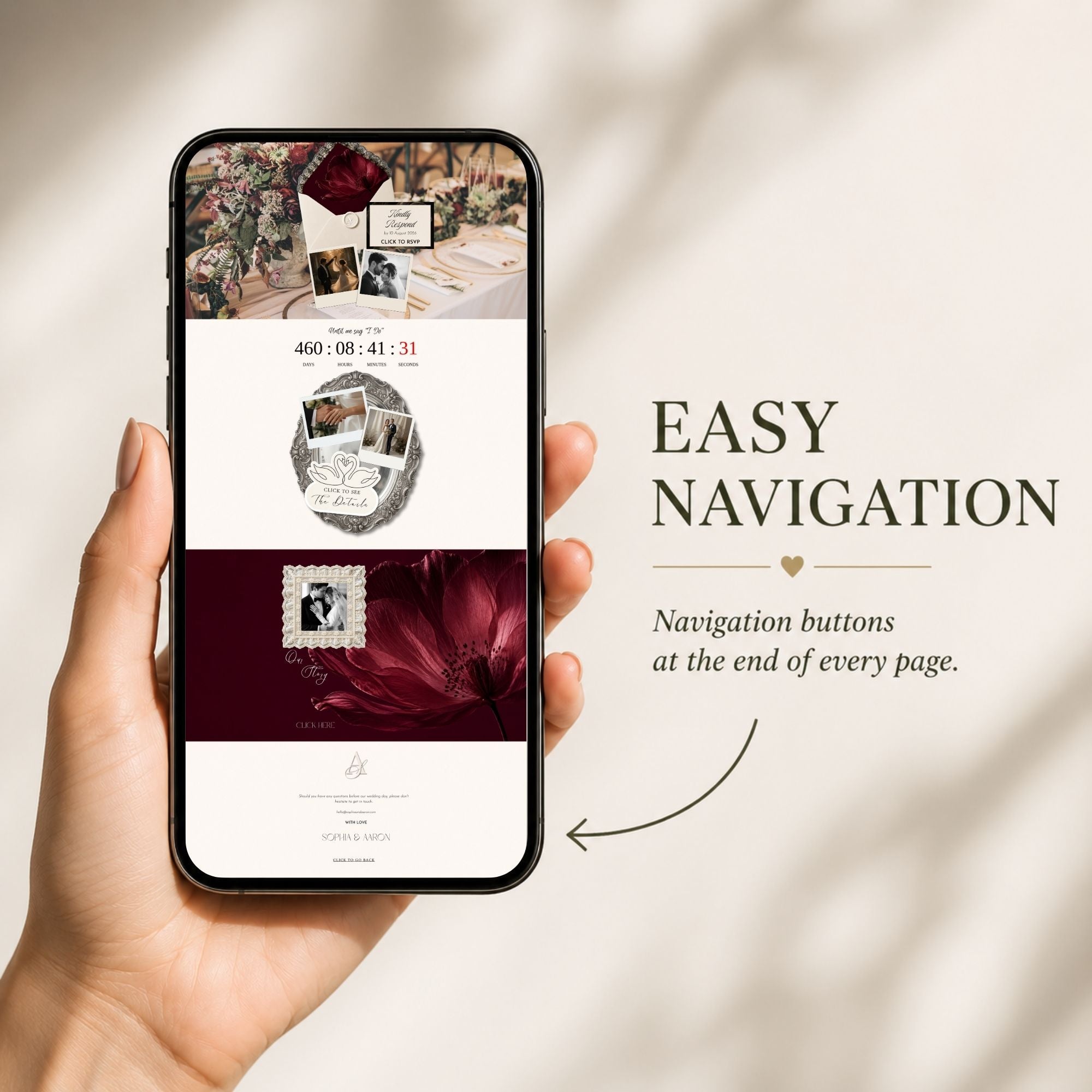 Mobile preview showing the editable Burgundy Wedding Website pages and navigation.