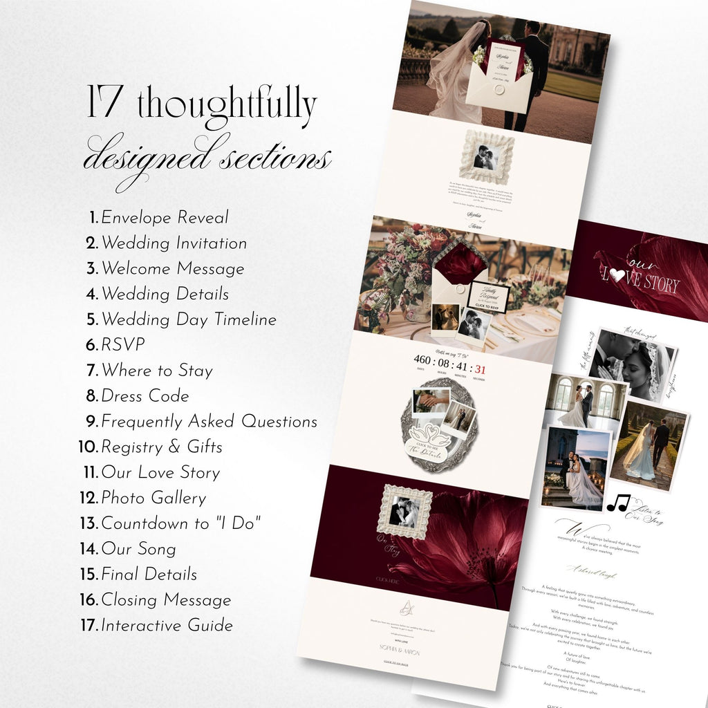 Preview of all included pages in the Burgundy Wedding Website template, including RSVP, countdown, registry and photo booth.