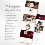 Preview of all included pages in the Burgundy Wedding Website template, including RSVP, countdown, registry and photo booth.
