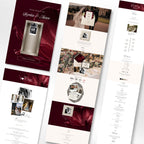 Multiple sections included in the Burgundy Wedding Website template including RSVP, schedule, gallery and registry.
