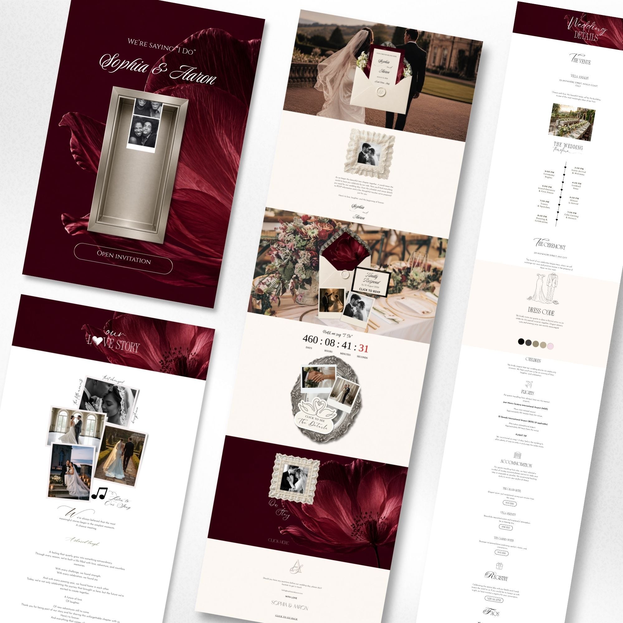 Multiple sections included in the Burgundy Wedding Website template including RSVP, schedule, gallery and registry.