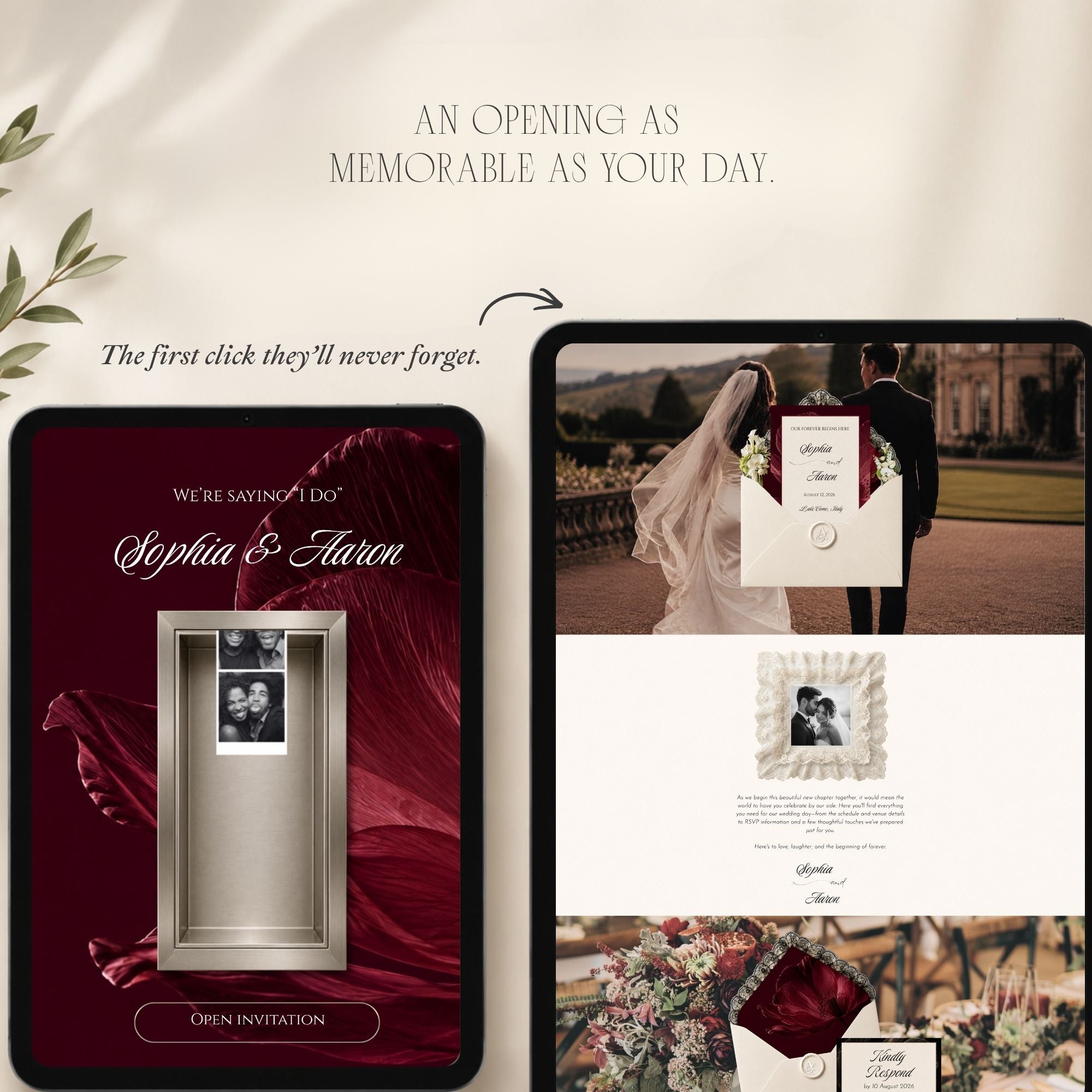 Animated photo booth feature included with the Burgundy Wedding Website template.