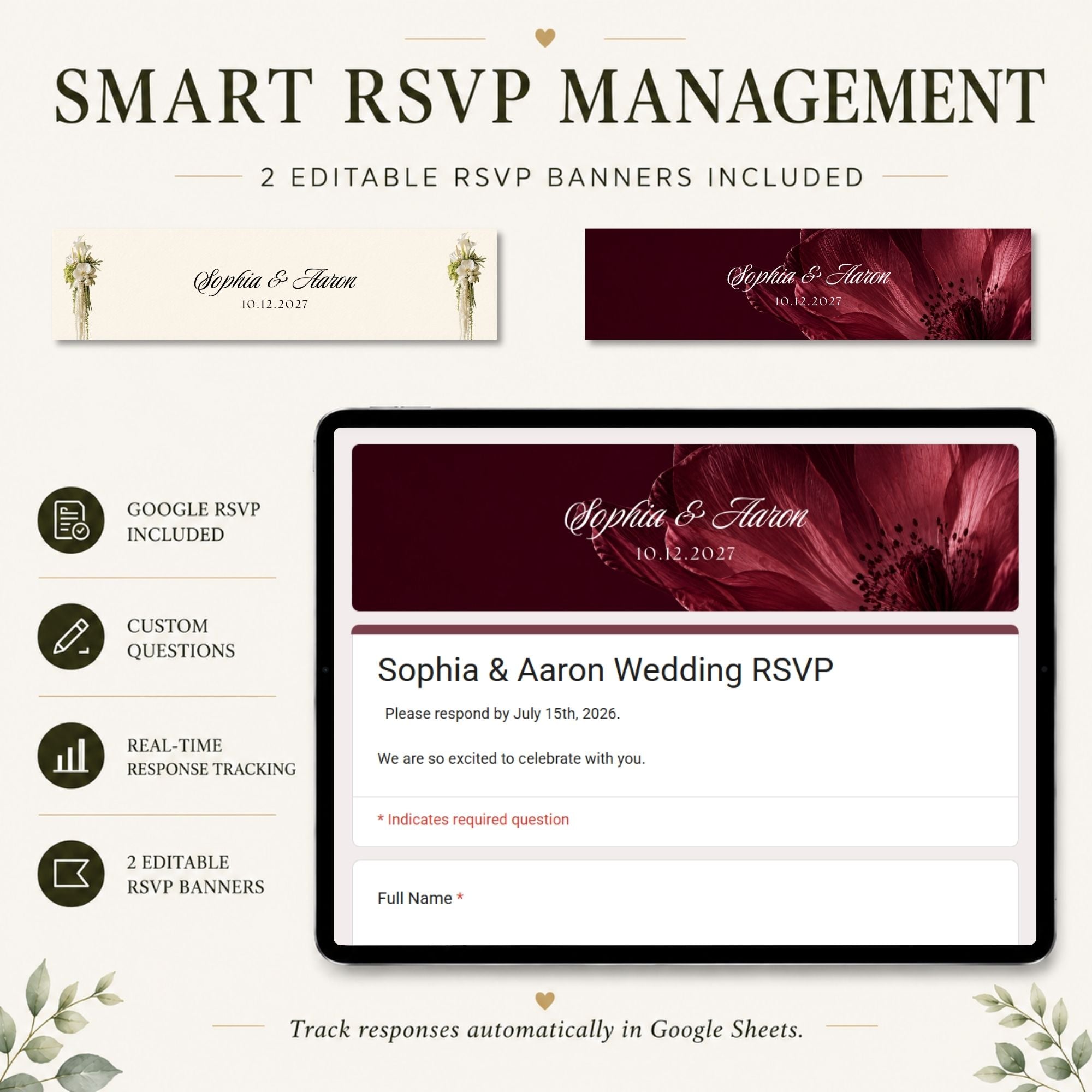 Interactive RSVP page included with the Burgundy Wedding Website template.