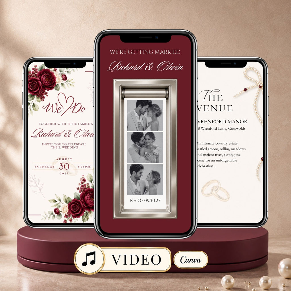 Burgundy photo booth wedding video invitation template featuring animated couple photo strip, romantic red florals, ivory details and gold accents.