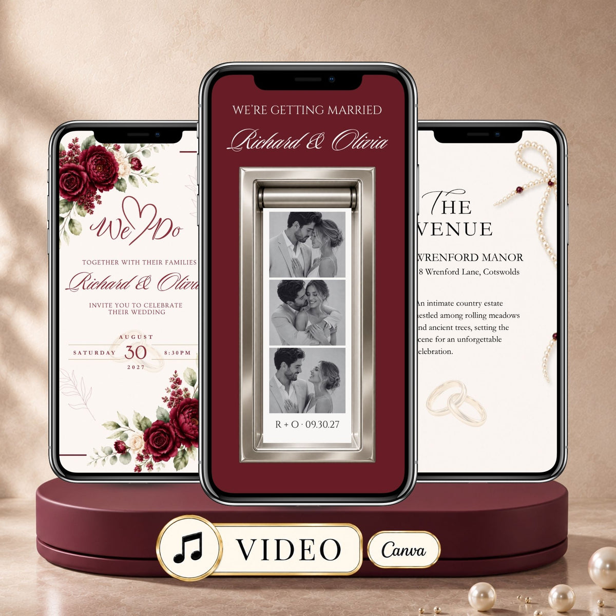 Burgundy photo booth wedding video invitation template featuring animated couple photo strip, romantic red florals, ivory details and gold accents.
