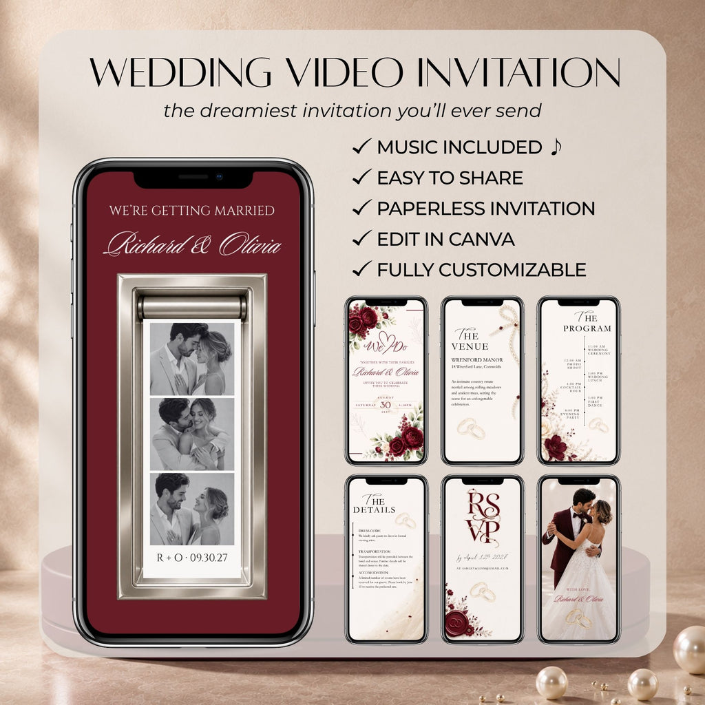 Editable Canva burgundy wedding video invitation featuring animated photo booth design, music, personalised photos and wedding details.