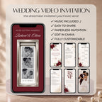 Editable Canva burgundy wedding video invitation featuring animated photo booth design, music, personalised photos and wedding details.
