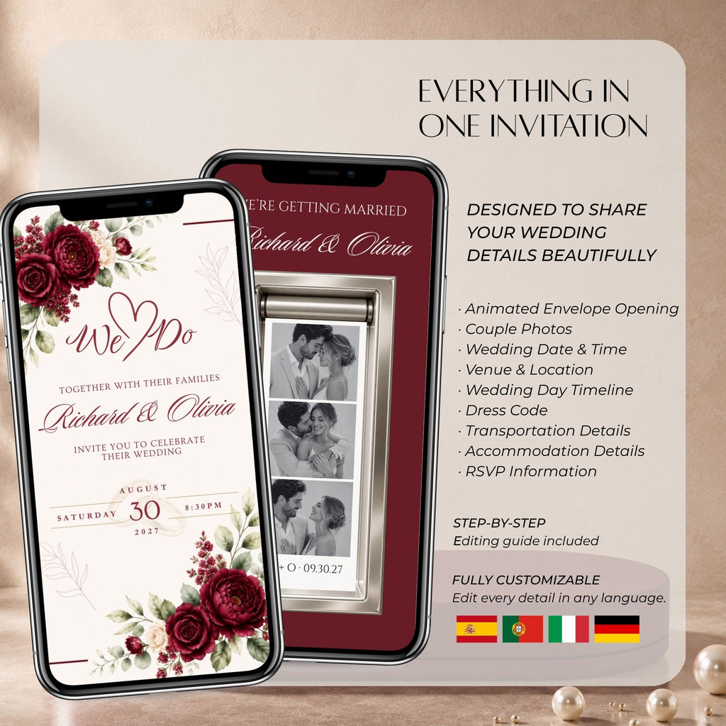 Fully editable Canva wedding video invitation with customisable names, wedding date, couple photos, ceremony information and RSVP details.