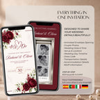 Fully editable Canva wedding video invitation with customisable names, wedding date, couple photos, ceremony information and RSVP details.