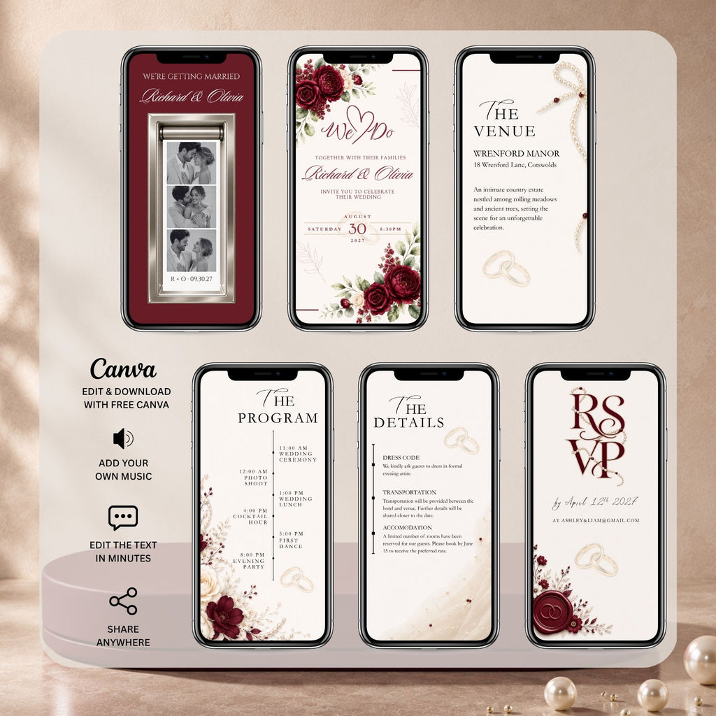 Overview of the burgundy photo booth wedding video invitation featuring floral announcement, photo strip, venue, wedding programme, details and RSVP slides.
