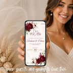 Burgundy floral wedding video invitation displayed on a mobile phone featuring a personalised animated wedding announcement.
