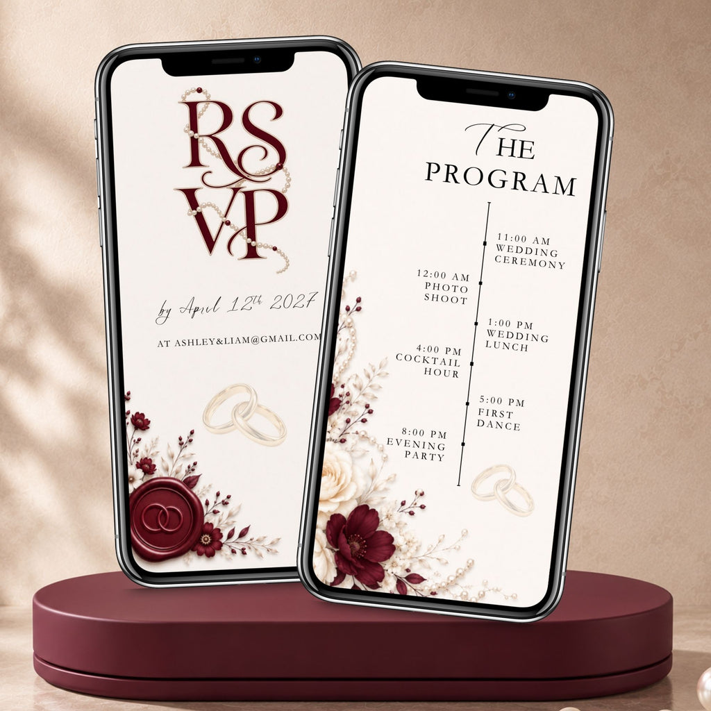 Burgundy floral wedding video invitation showing elegant RSVP and wedding programme slides with ivory backgrounds, gold rings and red flowers.