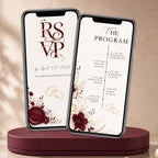 Burgundy floral wedding video invitation showing elegant RSVP and wedding programme slides with ivory backgrounds, gold rings and red flowers.