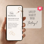 Elegant wedding venue information slide from a burgundy photo booth video invitation featuring romantic floral styling and gold wedding rings