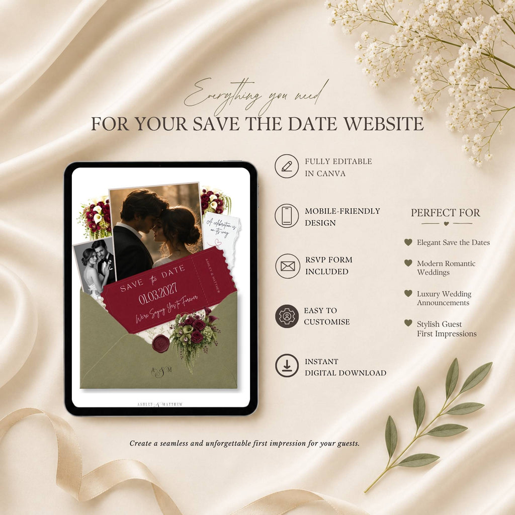 Burgundy sage save the date wedding website featuring floral envelope design