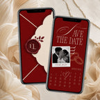 Animated burgundy Save the Date wedding invitation featuring a vintage-inspired calendar, couple photo, and romantic decorative details.