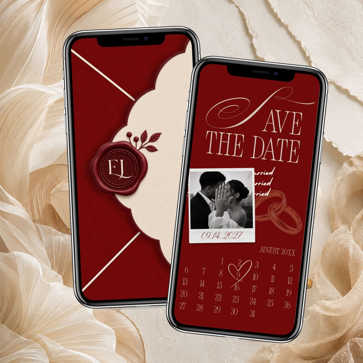 Animated burgundy Save the Date wedding invitation featuring a vintage-inspired calendar, couple photo, and romantic decorative details.