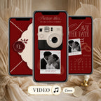 Burgundy Save the Date video invitation featuring an animated envelope, vintage camera, couple photographs, and wedding calendar.