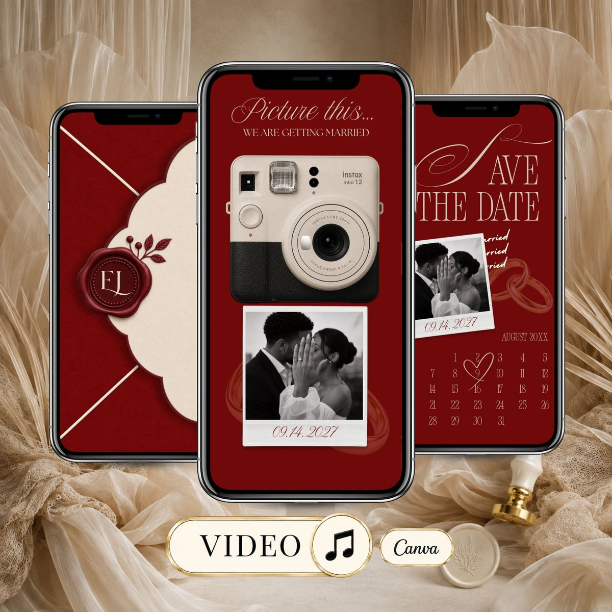 Burgundy Save the Date video invitation featuring an animated envelope, vintage camera, couple photographs, and wedding calendar.