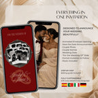 Overview of the burgundy wedding video invitation featuring animated scenes, editable text, couple photographs, and vintage camera elements.
