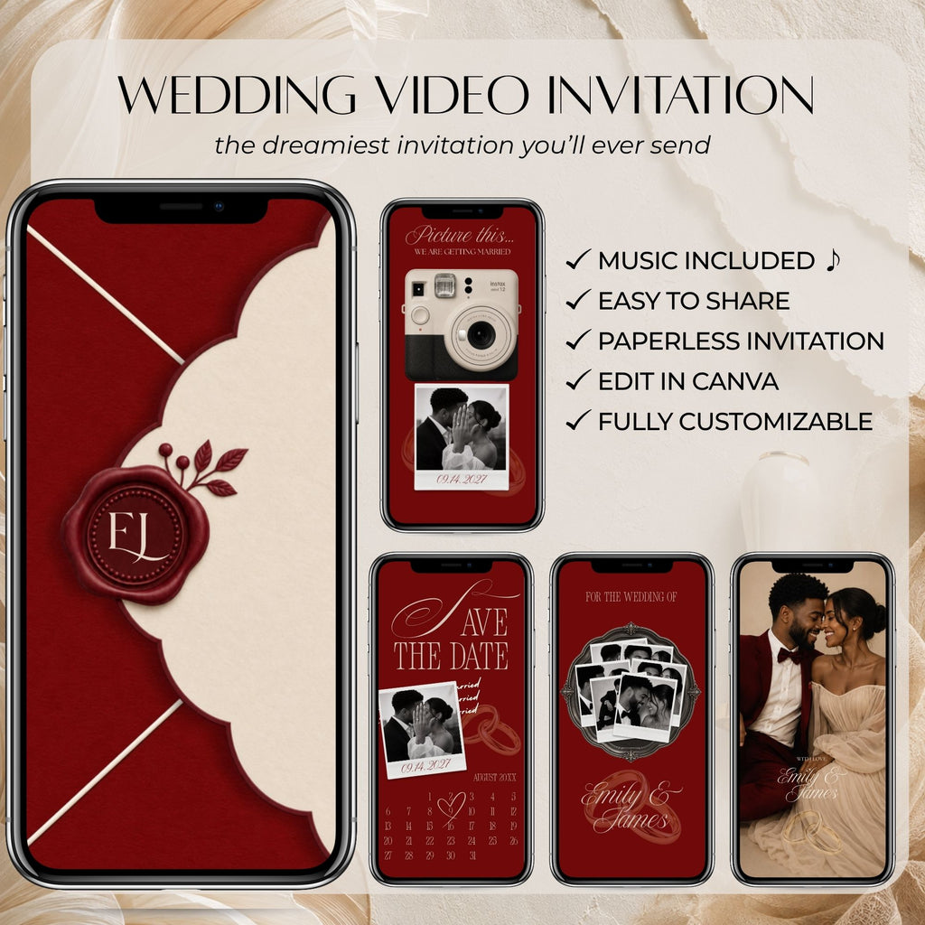 Editable Canva wedding video invitation featuring vintage camera animation, romantic photos, music, and customizable Save the Date details.