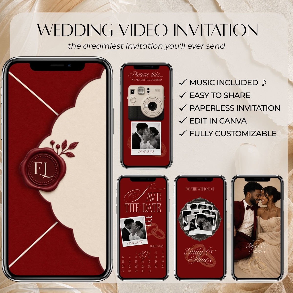 Editable Canva wedding video invitation featuring vintage camera animation, romantic photos, music, and customizable Save the Date details.