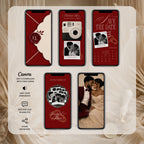 Burgundy animated Save the Date template showing envelope opening, vintage camera, couple photographs, and wedding date announcement scenes.