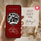 Personalized burgundy wedding announcement video featuring elegant script lettering, romantic couple photographs, and vintage photo styling.