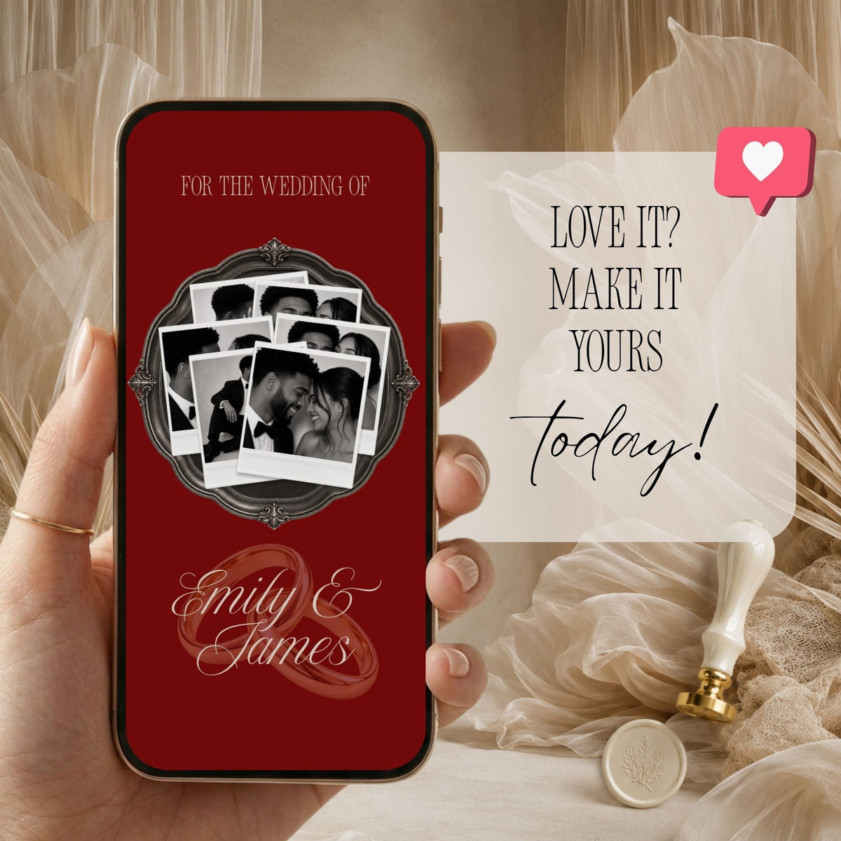 Personalized burgundy wedding announcement video featuring elegant script lettering, romantic couple photographs, and vintage photo styling.