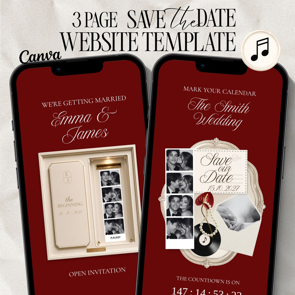 Burgundy photo booth save the date website template featuring an interactive wedding announcement with music and countdown.