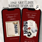 Burgundy photo booth save the date website template featuring an interactive wedding announcement with music and countdown.