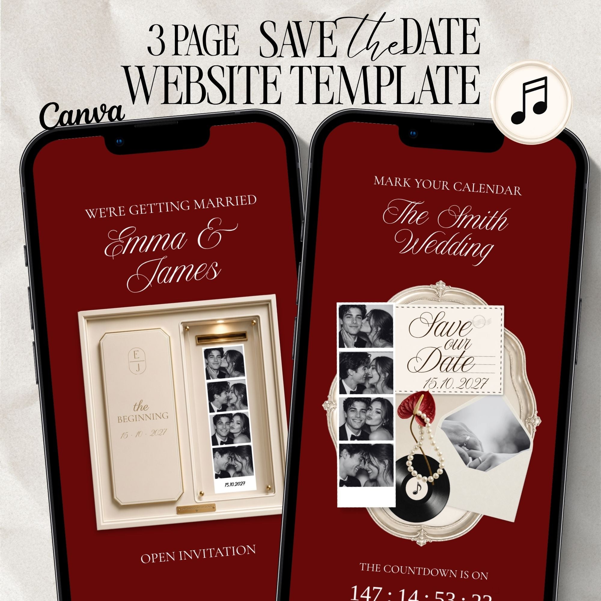 Burgundy photo booth save the date website template featuring an interactive wedding announcement with music and countdown.