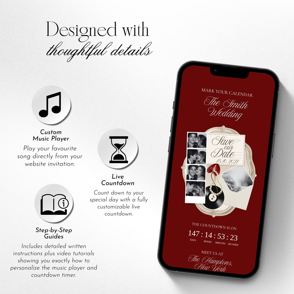 Burgundy save the date website template featuring photo booth, countdown, music, gallery, and wedding details.
