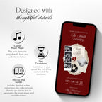 Burgundy save the date website template featuring photo booth, countdown, music, gallery, and wedding details.