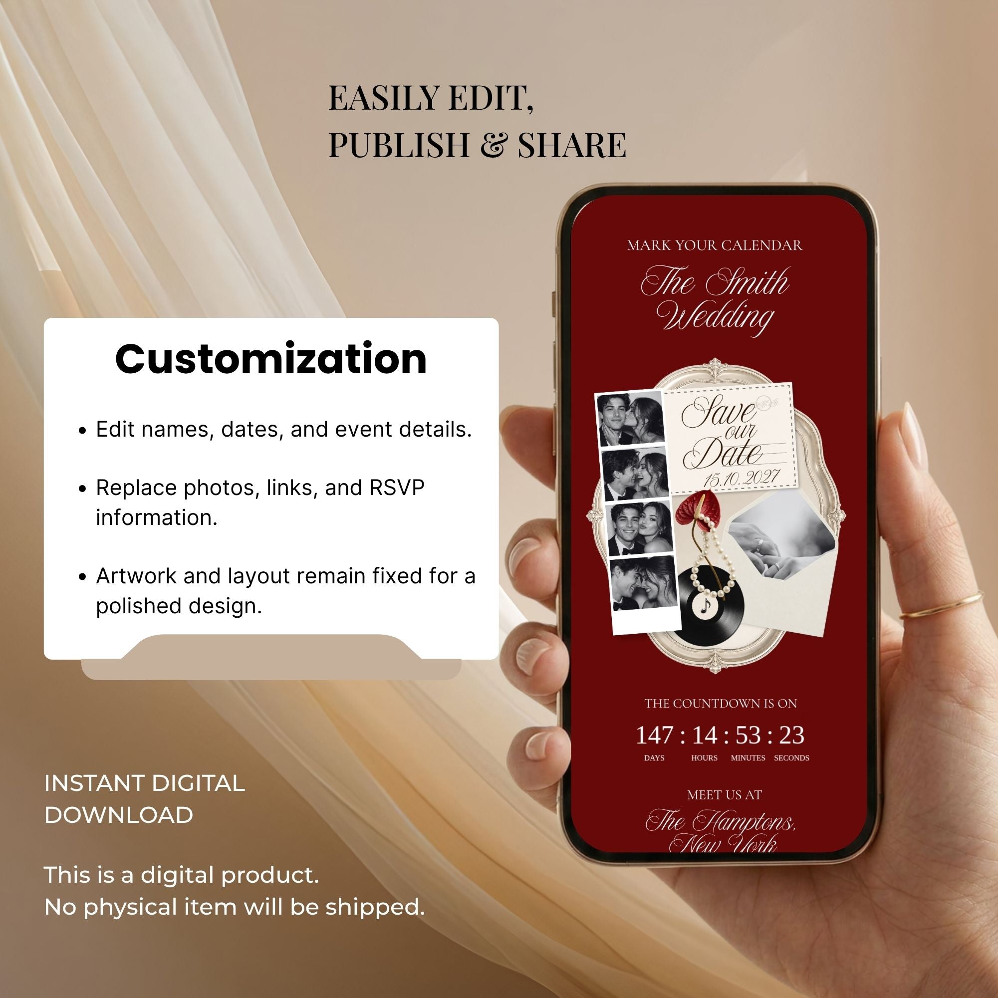 Editable Canva burgundy save the date website template with customizable text, colours, photos, and links.