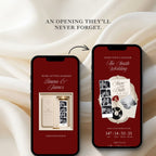 Fully editable burgundy wedding save the date website template designed in Canva.