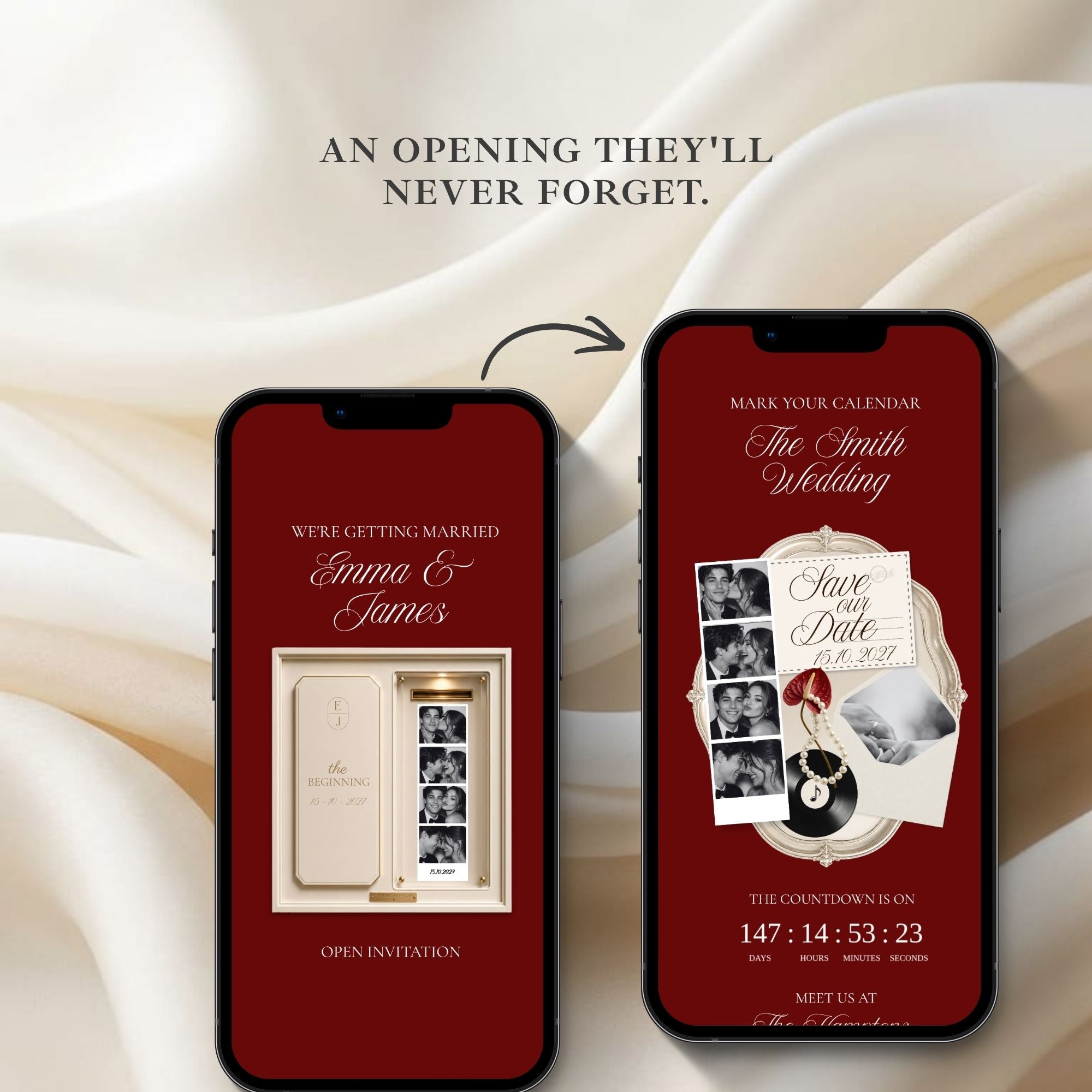 Fully editable burgundy wedding save the date website template designed in Canva.