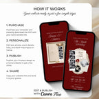 Step-by-step guide showing how to customize, publish, and share your burgundy save the date website.