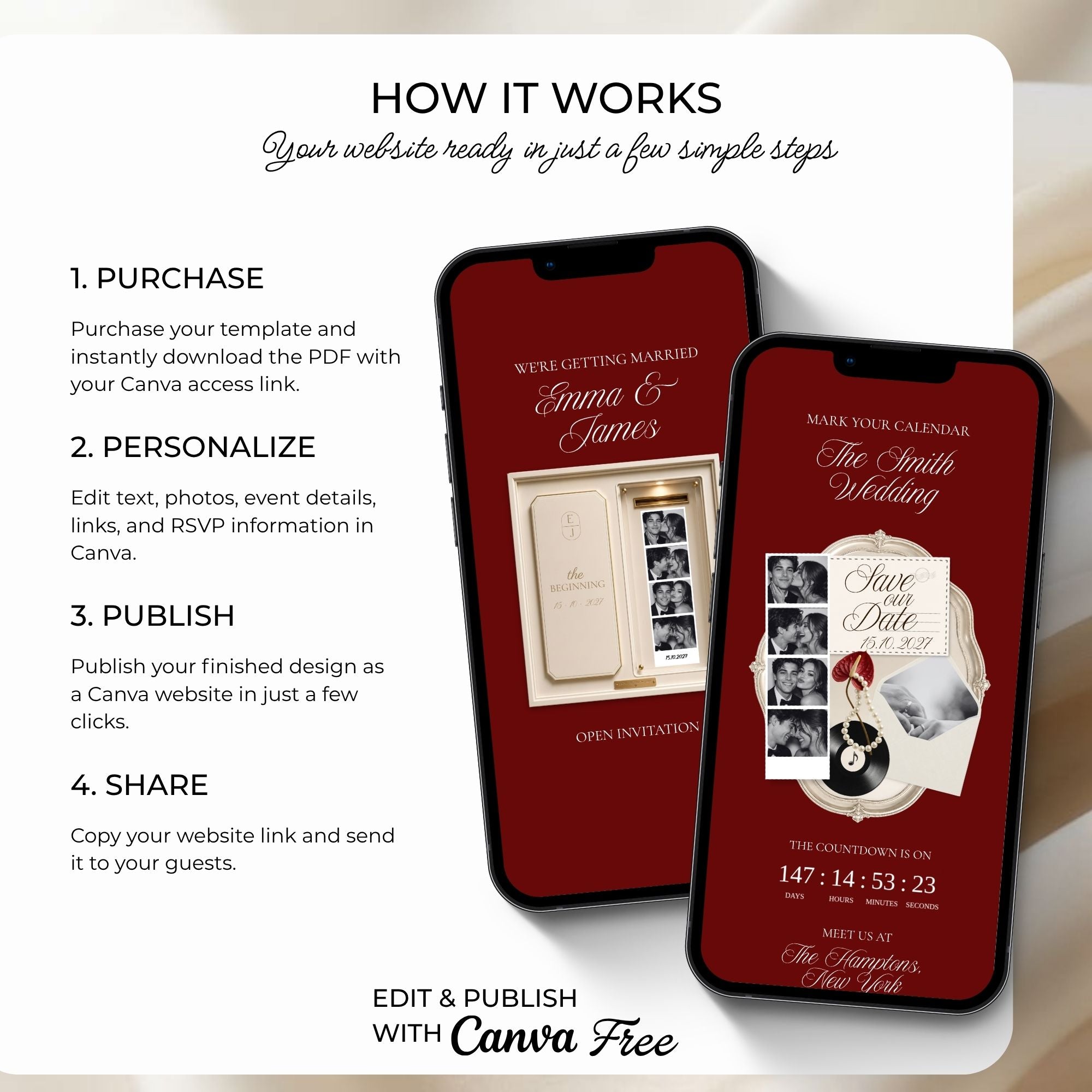 Step-by-step guide showing how to customize, publish, and share your burgundy save the date website.