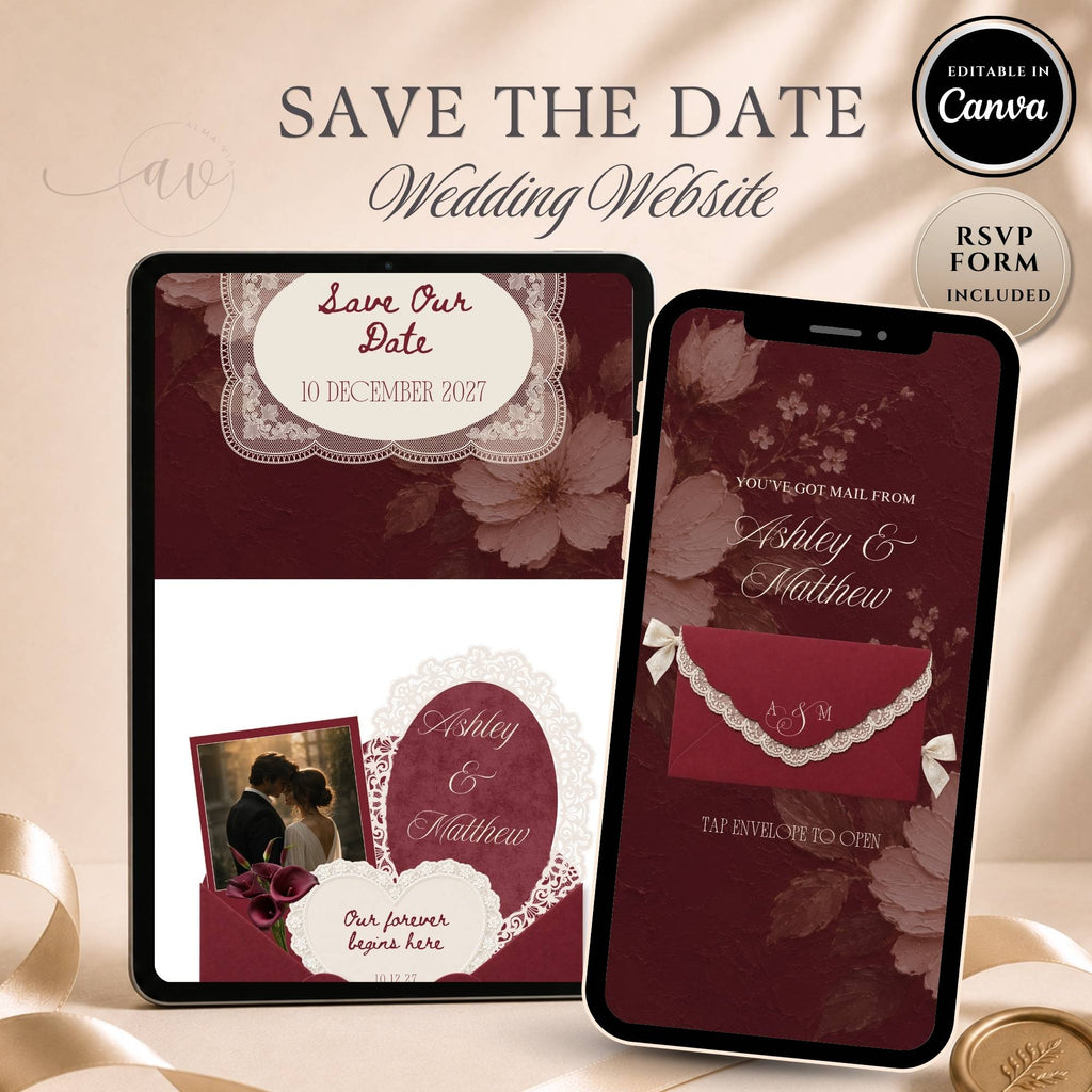 Burgundy save the date wedding website with ivory lace details, interactive envelope opening design and RSVP form included.