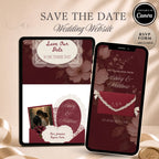 Burgundy save the date wedding website with ivory lace details, interactive envelope opening design and RSVP form included.